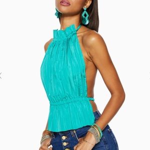 Ramy Brook Teal Halter Neck Pleated Peplum Top